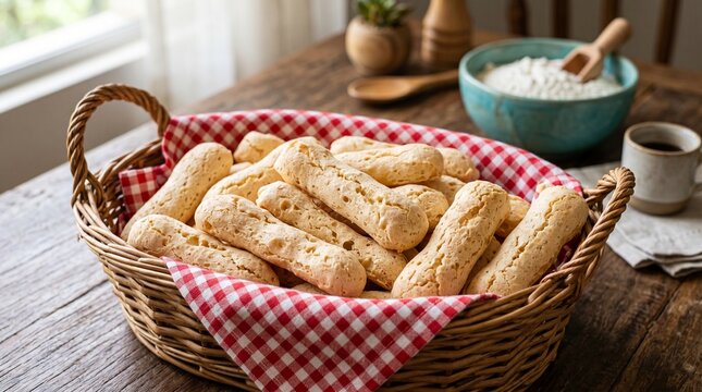 Traditional Brazilian baked starch biscuits (biscoito de polvilho) in a wicker basket with red checkered cloth - rustic breakfast concept.
