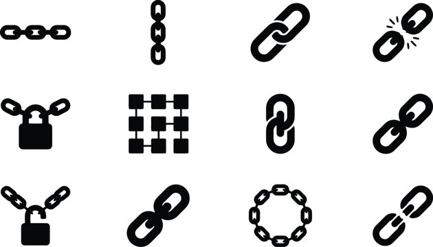 Black and white vector illustration showing various link chain designs and abstract padlock security icon shapes