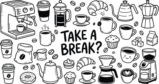 Coffee break doodle illustration set with drinks and cafe equipment