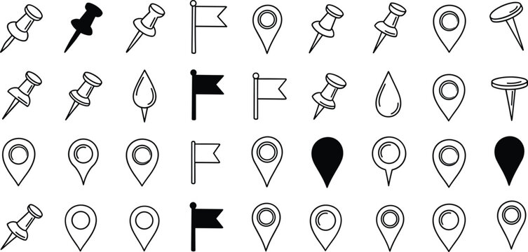 Collection of black and white push pins, flags, and map pointers for location and marking