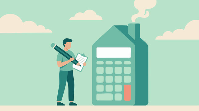 Person calculating home finances with house-shaped calculator illustration