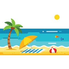 Obraz premium Bright sunny beach scene with palm trees, umbrella, striped towel, and calm ocean under a clear sky.