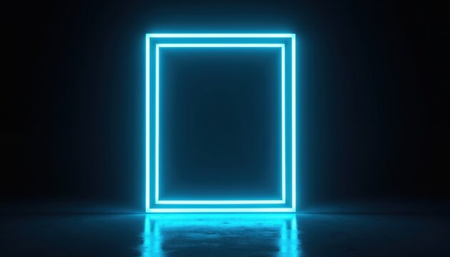 Abstract glowing neon blue rectangle frame in dark studio. Empty space reflects light on wet floor. Modern futuristic design for tech or gaming.