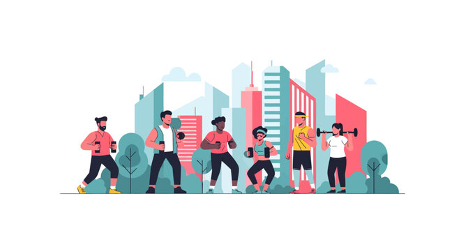 group of people exercising in the city, urban fitness, active lifestyle