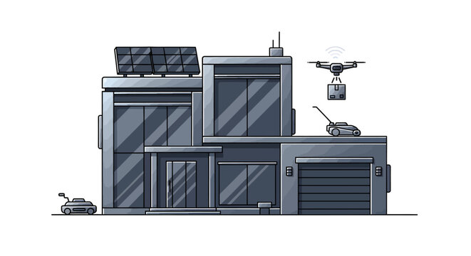 Futuristic military base with drone and tank, grey industrial architecture
