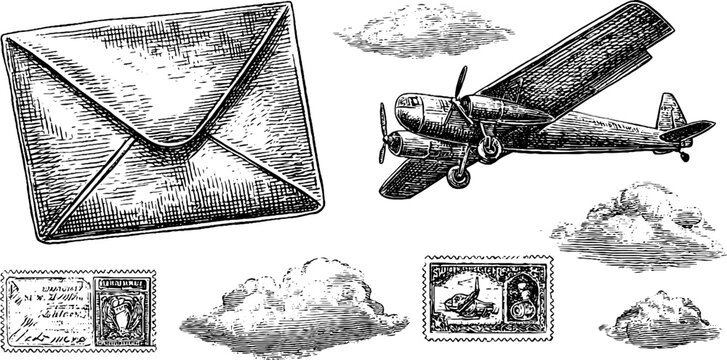 Envelope and vintage plane flying above sketched clouds