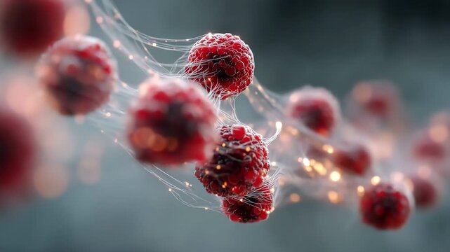 Conceptual glowing red microscopic virus cluster connected by thin white threads.