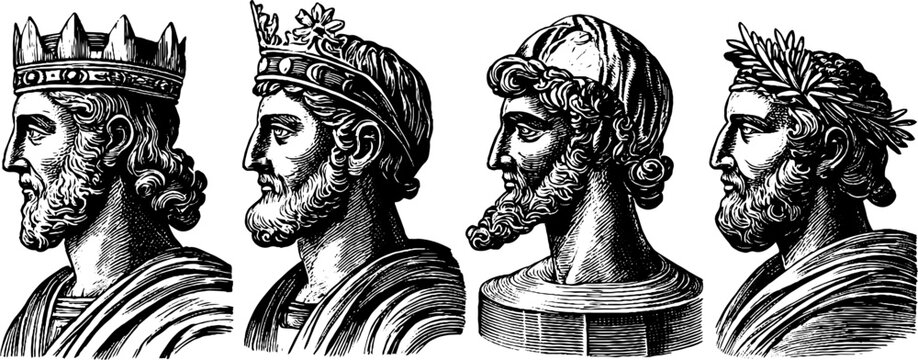 Classical male profiles facing left in engraved lineup