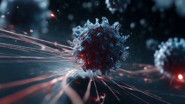 Conceptual glowing microscopic virus cell emitting red and white threads.