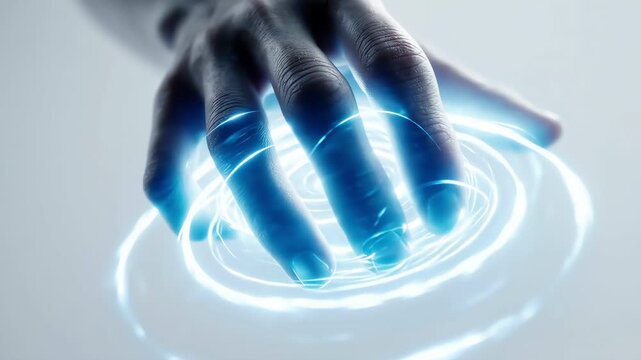 A single hand interacting with conceptual glowing blue digital energy rings.
