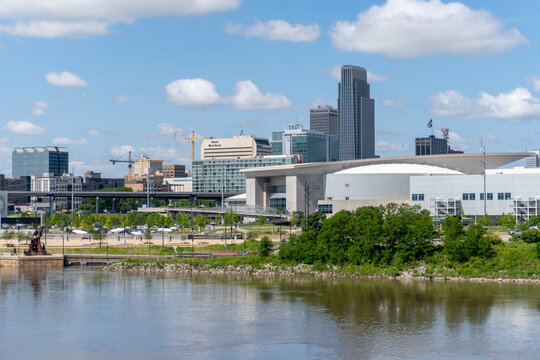 Omaha, Nebraska: CHI Health Center area and convention center with Missouri River and downtown Omaha skyline. 