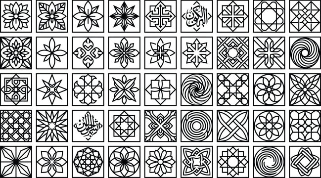 Collection of intricate geometric vector symbols featuring traditional islamic patterns and ornate floral decorative square icons