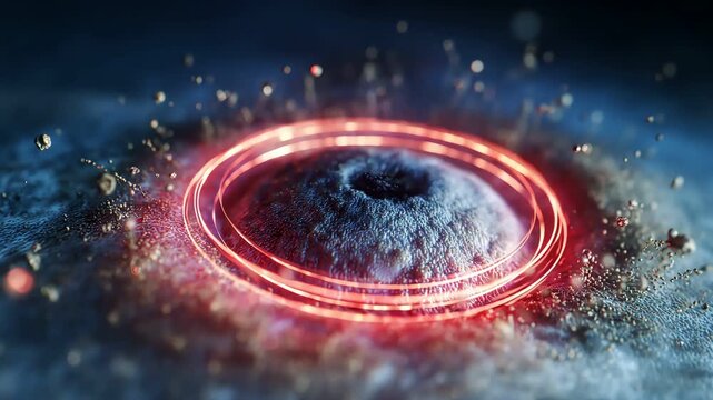 Conceptual biological cell crater surrounded by bright glowing red digital rings.