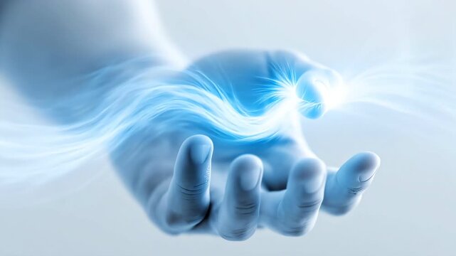 A single hand holding glowing blue bright digital energy waves in the dark.