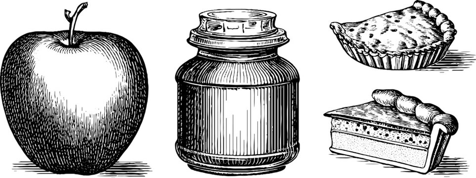Large apple and jar accompanied by pie slices on surface