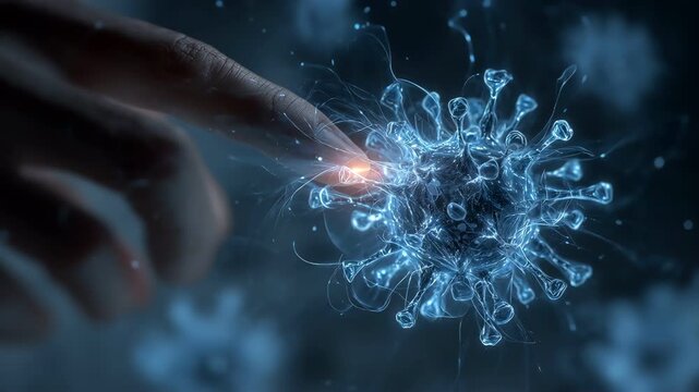 A single hand touching a glowing conceptual blue virus cell.