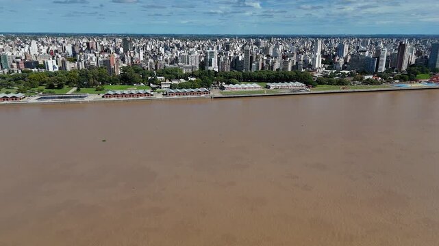 Aerial view of rosario city and parana river in argentina