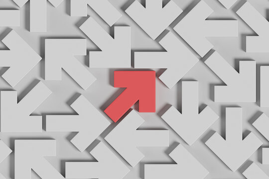 Red arrow among other white arrows in three dimensions. 3D illustration.