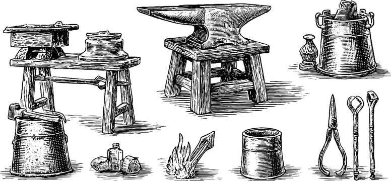 Anvils and workshop implements arranged on white surface