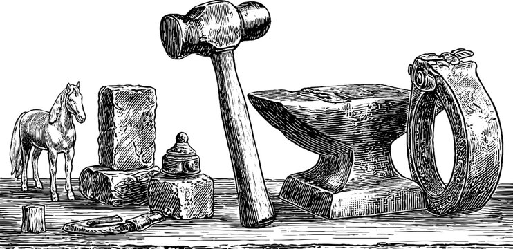 Assorted forging tools and anvil displayed on white surface