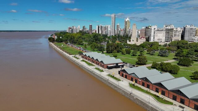 Aerial view of rosario city skyline and parana river