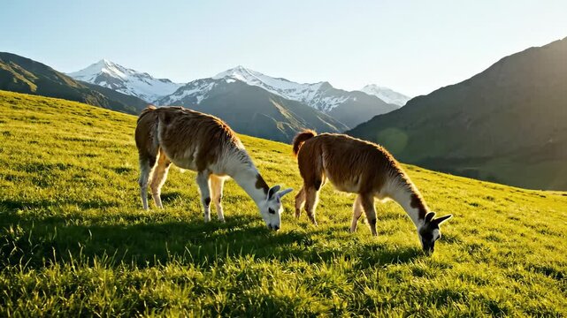 Two llamas graze peacefully on vibrant, green grass under the gentle warmth of early sunlight. Majestic mountains frame the scene, creating a soothing atmosphere.