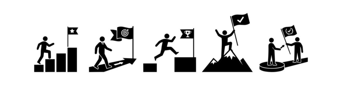 Set of black business success and achievement icons. Silhouettes showing progress, reaching targets, climbing to mountain peaks, and winning trophies on a clean white background.