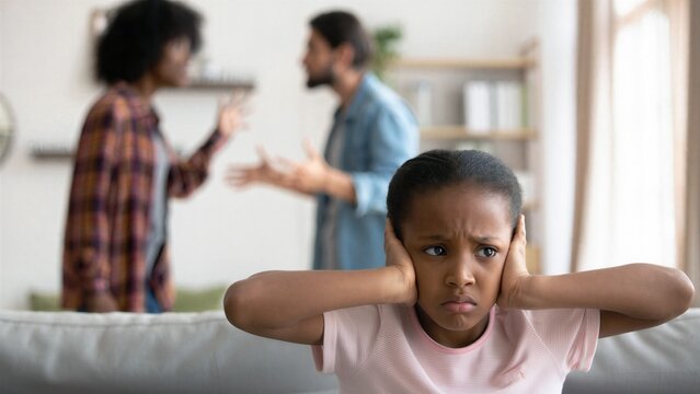 Child experiencing emotional stress during parental argument at home, toxic stress in childhood and adverse childhood experiences concept, child anxiety caused by family conflict