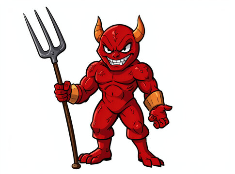 A playful cartoon red devil holds a pitchfork in a whimsical illustration