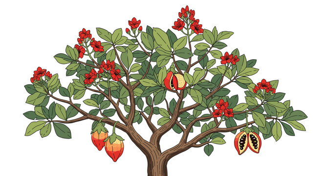Bixa orellana tree with green leaves red flowers and open seed pods showing dark seeds inside on white background.