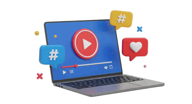 Vector illustration of 3d laptop with video player interface and social media icons on a transparent background