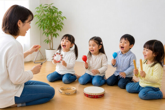 リトミック教室で楽器を楽しむ子どもたちと先生の音楽レッスン風景／楽しい／生徒募集