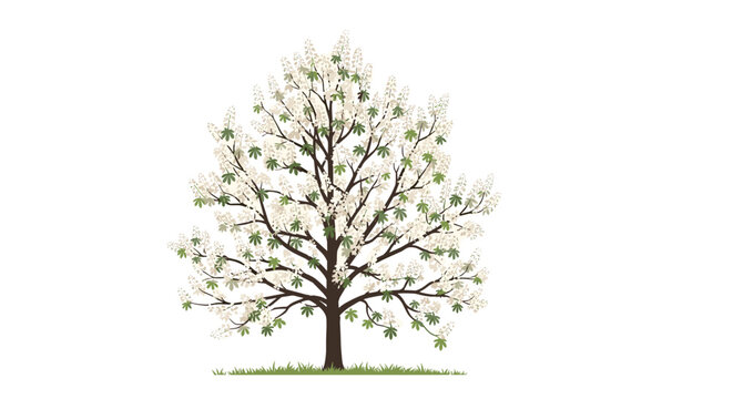 Horse chestnut tree in bloom with white flower spikes and large palmate green leaves on a white background.