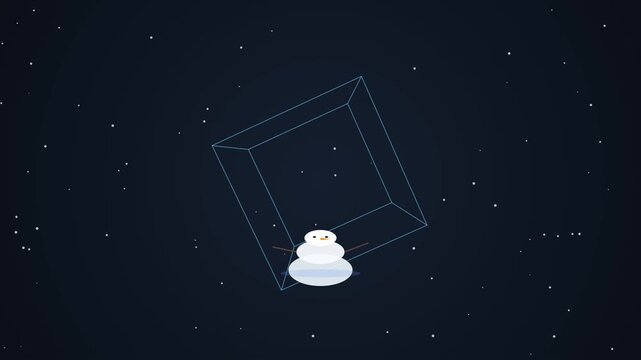 A 3D wireframe cube rotates around a cute snowman in a snowy night.