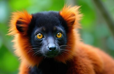 Fototapeta premium Close up portrait of red ruffed lemur with bright yellow eyes. This striking primate has black face and ears with fluffy orange fur accents. Captive wild animal.