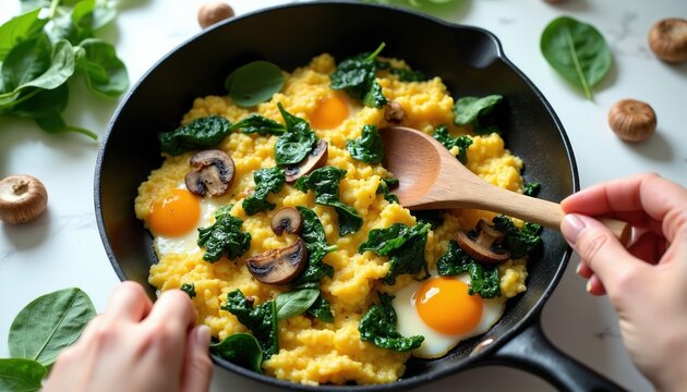 Person cooks scrambled eggs with spinach and mushrooms in iron pan. Healthy breakfast meal with corn grits, forest fungi and green leaves on marble.