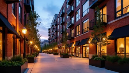 Fototapeta premium Modern brick apartment building with shops on ground floor lines pedestrian walkway at dusk. Balconies and illuminated windows add warmth to urban street scene. Streetlights glow warmly.