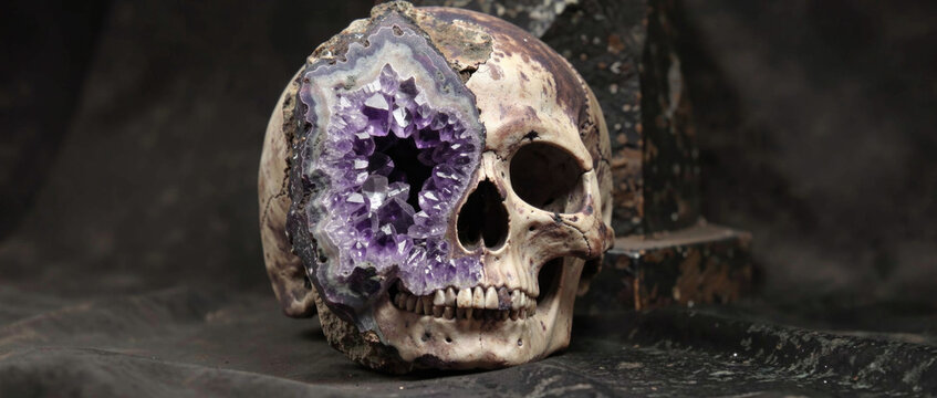 Close-up of a skull on a table with a mysterious atmosphere