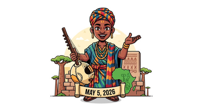 african farmer mascot holding hoe and corn celebrating may 5 2026 in flat design vector illustration