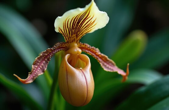 Close-up of a Paphiopedilum orchid flower. This exotic Venus slipper blooms with intricate patterns on its petals and pouch like labellum. Its unique shape and color make it stand out.