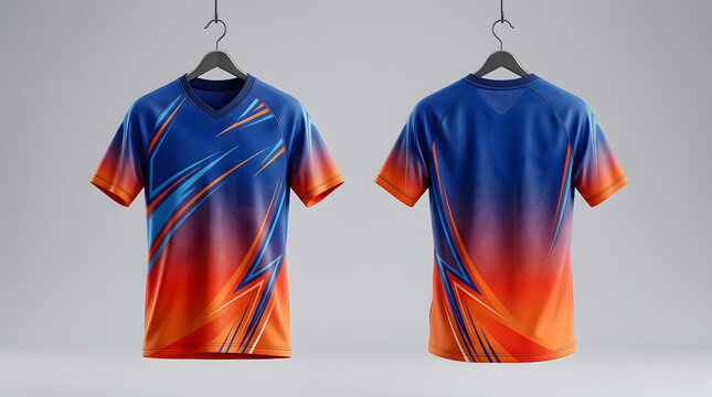 Two vibrant blue and orange gradient jerseys on hangers showing front and back