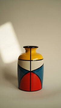 A colorful vase sits on a table indoors with sunlight shining.