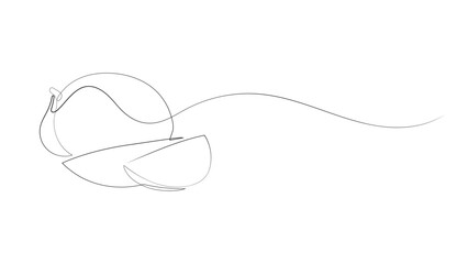 Obraz premium Minimalist Continuous One-Line Drawing of a Whole Mango and Two Sliced Pieces, Summer fruit vector line art. 