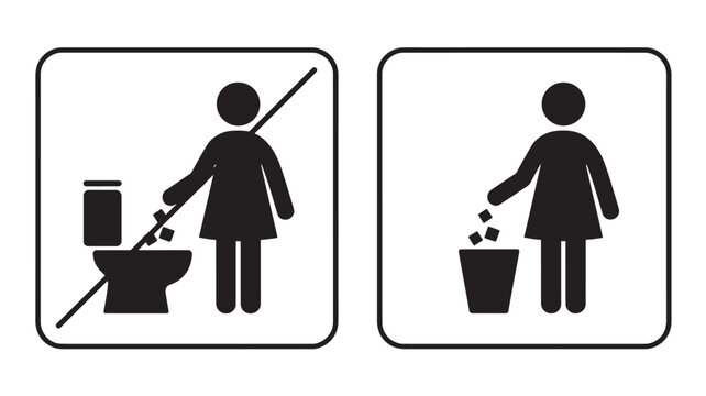 Signs hygiene set with woman using toilet and throwing trash featuring sanitation, public restroom, waste disposal with cleanliness and bathroom