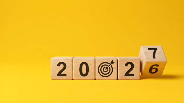 Flipping wooden blocks showing transition from year 2026 to 2027 with target icon on yellow background.