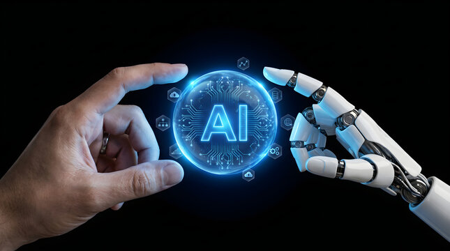 Human hand and robot hand holding glowing sphere with ai symbol artificial intelligence concept on dark background.