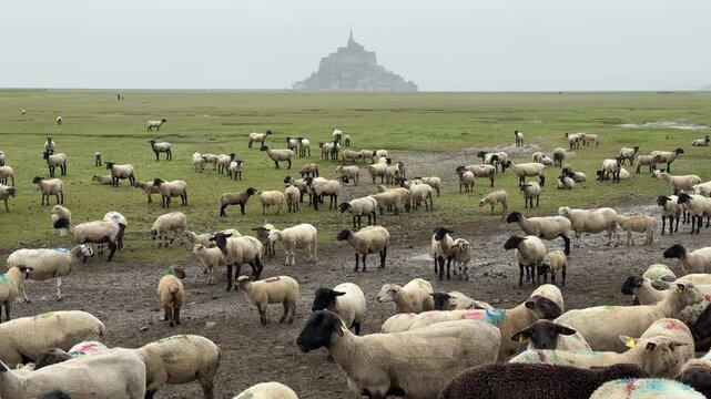 Sheep graze on the marshy land near Mont Saint-Michel in Normandy during a cloudy day