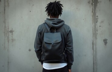 Obraz premium Young man with dreadlocks wears grey hoodie, black backpack. Stands facing away from camera, urban concrete wall background. Casual street style, student look.