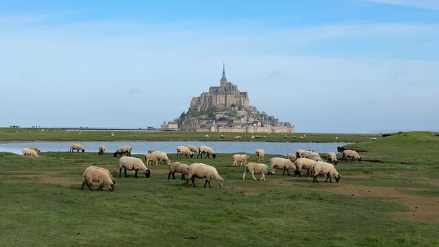 Sheep graze in Normandy near Mont Saint Michel on a clear day with blue skies and green grass