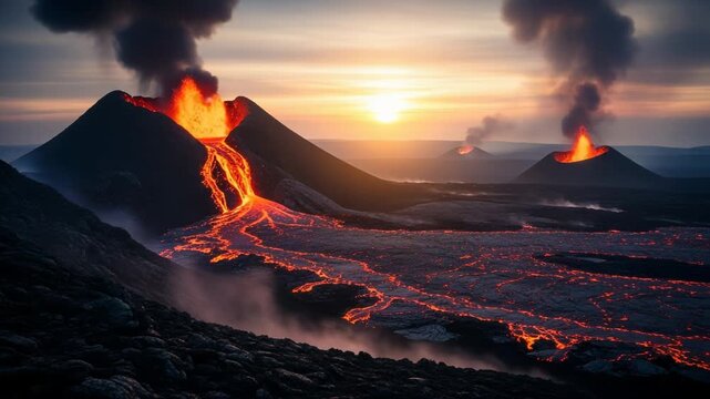 Volcanic eruption at sunset with lava flow and smoke plumes